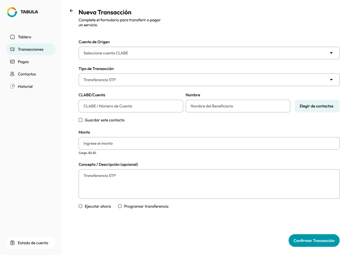 Crear una nueva transferencia en Tabula